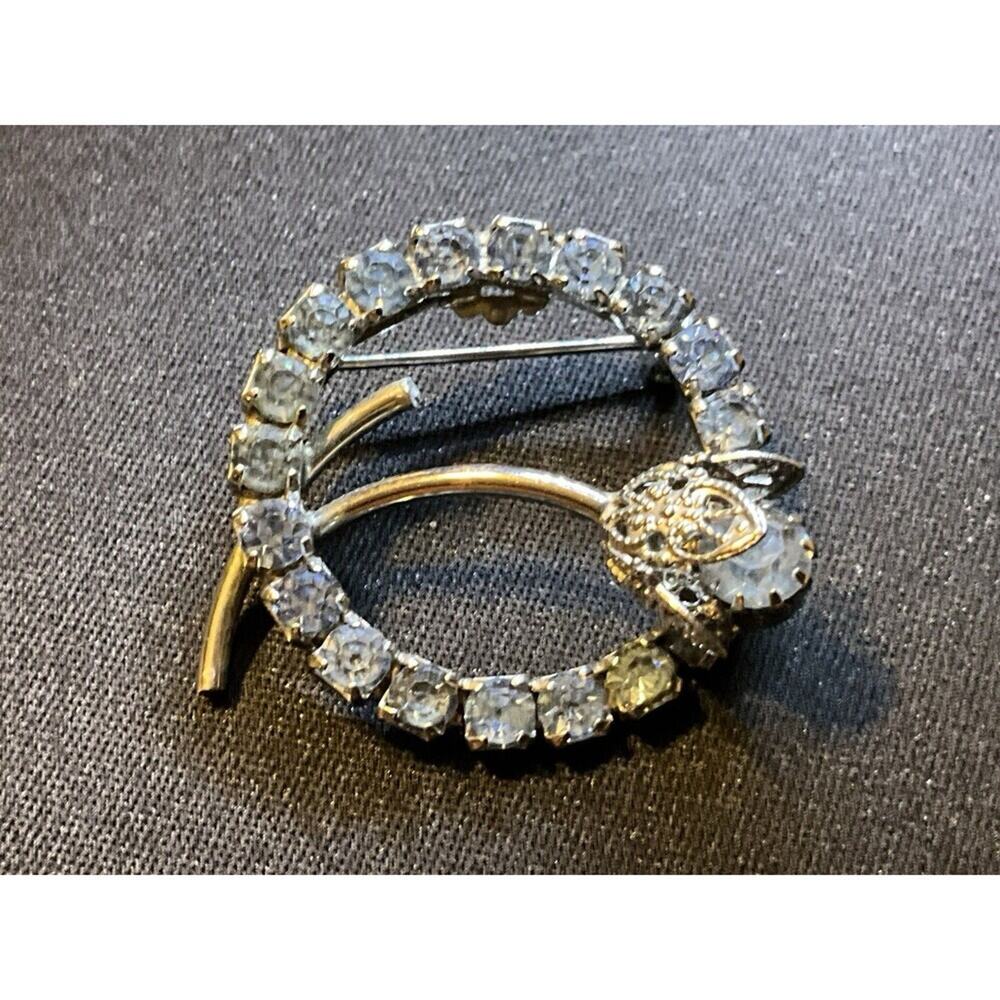 Vintage Silver Tone Open Circle W/ Blue Rhinestone Brooch